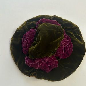 Velvet dark green & purple flowers hat.